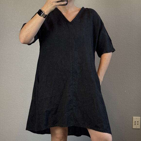 Crown Linen Designs Womens Oversized Swing Shift Dress Size XS/S Black Pockets - Picture 1 of 8